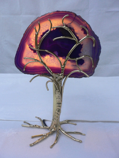 lampe en forme d'arbre en laiton doré avec tranche d'agate colorée, rose ronde