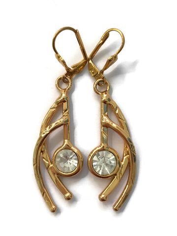 boucles d'oreille en laiton doré, motif martelé et arrondi, autour d'un strass blanc cristal