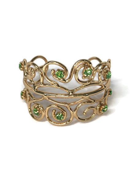 bracelet manchette de créateur style princesse, en laiton doré, 9 strass ambre ou jais ou aigue-marine ou péridot, vue de face