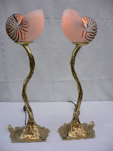 lampe avec nautile naturel véritable enlacée dans des volutes en laiton, vue d'ensemble