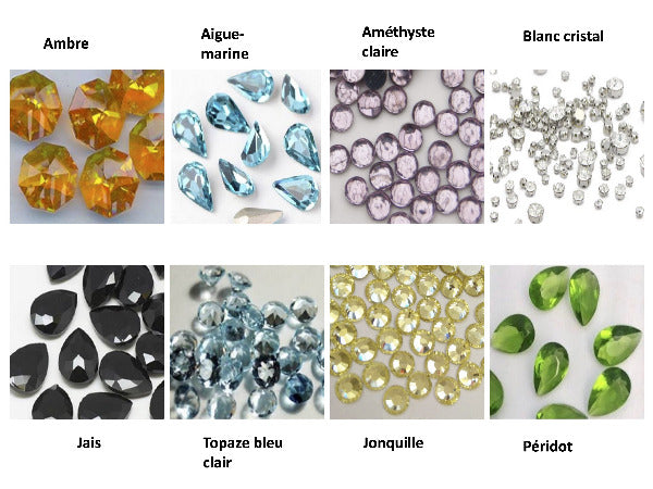 nuancier ambre/ orangé, aigue-marine, bleu ciel, améthyste claire, violet, blanc cristal, transparent, jais, noir intense, topaze bleu clair, bleu pastel, jonquille, jaune pâle, péridot, vert franc